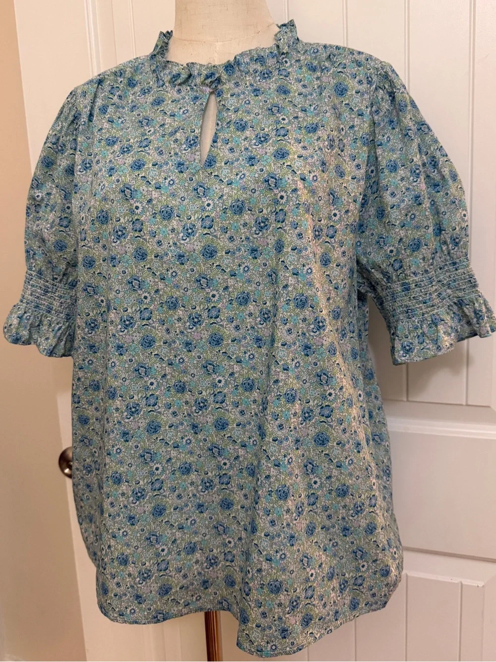 J. Crew Made with Liberty Fabric Blue Floral Smocked Sleeve Blouse Sz XXL